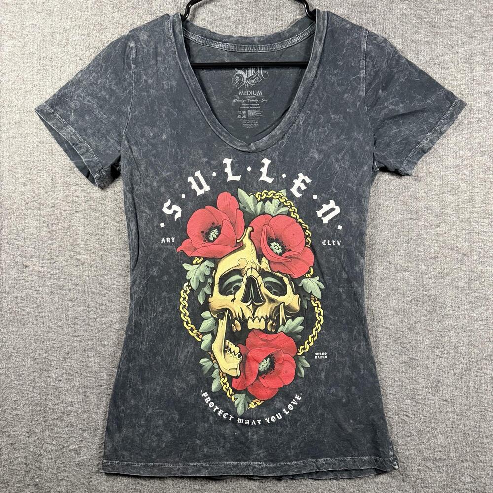 Sullen Shirt Womens Medium Gray Skull Floral V-Neck Tattoo Gothic Y2K Biker Tee